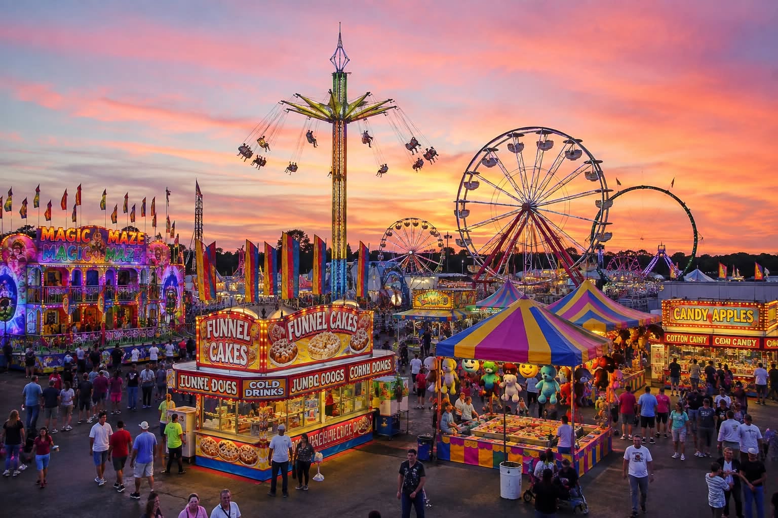 Fair rides at a Vastwood Park event at dusk